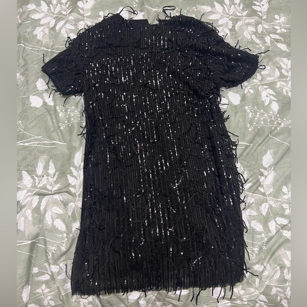 Black Beaded Fringe Short Sleeve Dress